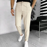 Wiaofellas  -  Fashion Waffle Solid Color Pants Men Spring Summer Casual Breathable Drawstring Waist Lace-up Trousers Mens Leisure Sports Pants