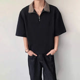 WIAOFELLAS  -  Fashion Men's Zipper Spliced Contrast Color Loose T-shirts Trendy Lapel Short Sleeves Casual Tops Male 2025 Summer 2A0921