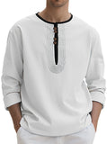 WIAOFELLAS  -  95% Linen Shirt Mens Patchwork Henry Collar Long Sleeved Pullover Top Spring Autumn Casual loose sports shirts Tee Streetwear