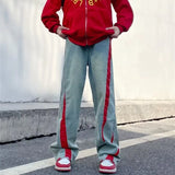 Wiaofellas  -  2000S Clothes Y2K Fashion Washed Blue Drawstring Baggy Jeans Pants Men Clothes Straight Hip Hop Patchwork Male Denim Trousers