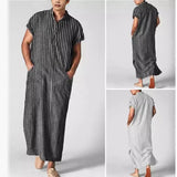 WIAOFELLAS  -  New Muslim Middle Eastern Arabic Dubai Men's Casual Fashion Loose Striped Short Sleeve Robe Shirt