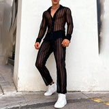 Wiaofellas  -  Men's Sets Mesh Patchwork Striped See Through Long Sleeve Shirt Pants Two Piece Sets Sexy Fashion Men Matching Sets