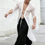Wiaofellas  -  Men T Shirt Striped Long Sleeve Mesh See Through Man Cardigan Long Style T-shirts Streetwear Lace Up Fashion Men Clothes