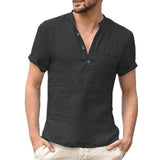 Wiaofellas  -  New Men's Casual Stand Up Collar Summer Solid Color Short Sleeve Linen Shirt Trendy Breathable Loose Youth Basic Pocket Top