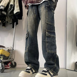 Wiaofellas  -  Men's Patchwork Blue Cargo Jeans Unisex Straight Casual Trousers Men Muti-pockets Hip Hop Streetwear 90s Vintage Fashion Pants