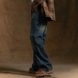 WIAOFELLAS  -  Men's Jeans High Street Trendy Denim Pants American Retro Washed Worn Straight Tube Versatile Micro Flared Casual Trousers