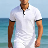 Wiaofellas  -  Men's Textured Knit Polo Shirt Contrast Trim Short Sleeve Turn Down Collar Casual Fashion Tops For Men