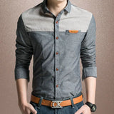 WIAOFELLAS  -  Men's Square Neck Long Sleeved Korean Slim Patchwork Pockets Denim Thick Autumn and Winter New Casual Cardigan Button Shirt Tops