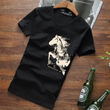 Wiaofellas  -  Men's V-neck Cotton T-shirt Chinese Style Horse Print Short Sleeve Slim Fit Casual Summer Tee
