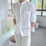 Wiaofellas  -  New Men's Stand Collar Linen Cotton Wrinkle Shirt Lazy Slim Fit Long Sleeve Sun Protection Cardigan Breathable Work Shirt