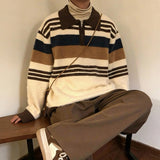 Wiaofellas  -  Autumn Men Knitted Maillard Polo Sweater Long Sleeve Striped Patchwork Lapel Pullover Trendy Light Luxury Korean Style Knitwear