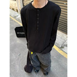 Wiaofellas  -  Men's Henry Neck Long Sleeve T-Shirt Autumn Loose Casual Button Top Basic Tee Couples Streetwear Simple T-Shirts