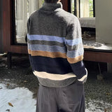 WIAOFELLAS  -  Fall Winter New Casual Knit Polo Sweaters Men Vintage Striped Crochet Knitting Jumper Tops Mens Trendy Long Sleeve Slim Sweater