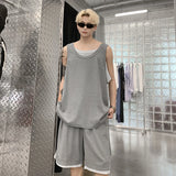 Wiaofellas  -  fall outfits Fake Two Piece Vest Sleeveless T-shirt Solid Color Round Neck Korea Fashion Male Tops Casual Loose