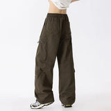 WIAOFELLAS  -  Simple Men's Cargo Pants Zipper Patchwork Elastic Waist Wide Leg Bottom Straight Drawstring Loose Male Trousers 24K4252