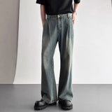 Wiaofellas  -  New American Retro Men Washed Denim Jeans Pleated Waist Loose Wide Leg Straight Trousers Casual Vintage Long Pants Daily Outfit