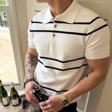 Wiaofellas  -  Daily Leisure Mens Slim Polo Shirts Knitted Short Sleeve Buttoned Turn-down Collar Polo Shirt Summer Casual Striped Knitting Top