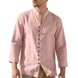 Wiaofellas  -  Spring and Autumn New Style Shirt Long Sleeve Men's Casual Retro Lapel French Henry Collar Single Breasted T-shirt