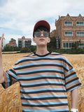 Wiaofellas  -  Hip Hop Striped T-shirt Men High Street Cec Harajuk Trend Short-sleeved Shirt Women Oversize Hong Kong Style Streetwear