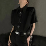 WIAOFELLAS  -  Niche Design Men's Shirts Turn-down Collar Metal Zipper Short Sleeved Loose Clothing Shoulder Padded Male Tops