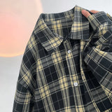WIAOFELLAS  -  Hong Kong Style Shirt Men's, Plaid Long Sleeve, Retro Loose Fit, Navy Blue