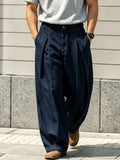 Wiaofellas  -  Men Neapolitan High Waist Double Pleat Straight Leg Suit Pants Stretch Elastic Waist Denim Daily Street Casual Trousers
