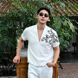 Wiaofellas  -  Summer Embroidered V-neck T-shirt for Men Cotton Short Sleeved Casual T-shirt Relaxed Beach Vacation T-shirts Men Clothing