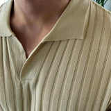 WIAOFELLAS  -  Fashion Solid Color Ribbed Knit Polo Shirt Men Slim Fit Short Sleeve Tops Tee  Summer Temperament Youth Polos Tshirts Clothing
