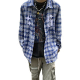 Wiaofellas  -  Retro American Workwear Shirt Men Women Loose Long Sleeve Tie Dye Plaid Outerwear Top Breathable Non Iron Polyester Fiber