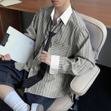 WIAOFELLAS  -  Men Shirt Striped Patchwork Lapel Long Sleeve Pockets Men Clothing Streetwear Loose Fashion Casual Tops Male Shirts