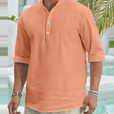 Wiaofellas  -  Retro Mens Loose Breathable Half Sleeve Tops Summer Casual Solid Color Pullover Men Daily Leisure Stand Collar Button-up Shirts