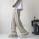 Wiaofellas  -  Vintage Solid Color Pleated Ice Silk Pants Men Summer New Casual Loose Drawstring Wide Leg Trousers Mens Streetwear Pants