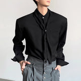 WIAOFELLAS  -  Men Shirt Solid Color Stand Collar Long Sleeve Men Clothing With Tie Streetwear Loose 2026 Fashion Casual Men Clothing