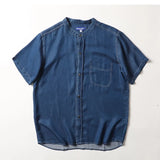 Wiaofellas  -  Silky Thin Summer Mens irt Stand Collar Open Cardigan Breathable Lyocell Denim ort Sve Trendy Casual Loose Fit Pure Color