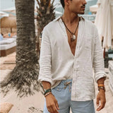 Wiaofellas  -  Men's Casual Fashion Solid Color Shirts Lapel Long Sleeve Thin Cardigan Spring Summer Beach Loose Button Shirt