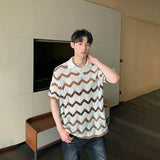 WIAOFELLAS  -  Fashion Men's Hollow Out Contrast Color Striped Casual T-shirt Trendy Loose Short Sleeves Lapel Tops Male Summer