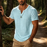 Wiaofellas  -  Outdoor Casual Solid Color Breathable Tops Mens Summer Vintage Button V Neck T Shirts Men Daily Leisure Loose Short Sleeve Tees
