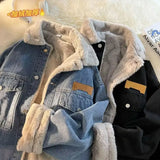 WIAOFELLAS  -  Winter Denim Jacket Men American Style Fleece Lined Thick Warm Cotton Coat Loose Fit Casual Korean Fashion Outerwear Tops Unisex