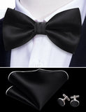 Wiaofellas Formal Black Silk Mens Bow Tie Jacquard Plain Solid Pre-Tied Bowtie Hanky Cufflinks Set Male Wedding Business Prom