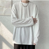 WIAOFELLAS  -  Japanese Style Long Sleeved T-shirt Spring Autumn Men's Textured Round Neck Pullover Sweatshirts Youth Foam Pleated Loose Top