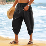 Wiaofellas  -  Casual Loose Cotton Linen Calf Pant Men Spring Summer Vintage Solid Color Drawstring Beach Trouser Men's Leisure Streetwear