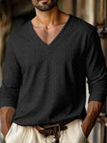 Wiaofellas  -  Autumn New Men's Plaid Pattern Jacquard Fabric V-neck Casual Sports Off-shoulder Sleeve Long-sleeved T-shirt