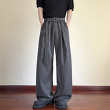 WIAOFELLAS  -  Vintage Striped Textured Lace-up Trousers Men Streetwear Fashion Loose Straight Pants Mens Spring Trendy Pleated Draped Bottoms