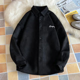 WIAOFELLAS  -  New Men Shirt Letter Printed Suede Long Sleeve Turn Down Collar Shirts Korean Streetwear Fashion Man Women Couple Coat