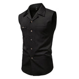 WIAOFELLAS  -  Men's Sleeveless Lapel Solid Color Shirt American Fashion Trend Simple Slim Breathable Business Daily Summer New Men's Tops