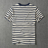WIAOFELLAS  -  May Khaki heavy round neck cotton T-shirt American retro striped short sleeve T-shirt men's fashion