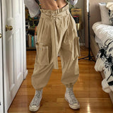 WIAOFELLAS  -  Men Pants Solid Color Lace Up Joggers Casual Cargo Pants Men Streetwear Loose Pockets Fashion Leisure Male Long Trousers