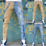 Wiaofellas  -  Hip Hop Streetwear Men Color Block Patchwork Cargo Jeans Multi Pocket Zipper Strap Slim Straight Denim Pants