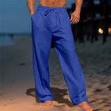 Wiaofellas  -  Men Summer Cotton Linen Drawstring Casual Pants Solid Color Loose Wide Leg Trousers Breathable Elastic Waist Daily Beach