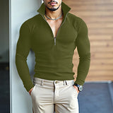 WIAOFELLAS  -  Men T Shirts Solid Color Long Sleeve Zipper Male Tee Tops Knitted Streetwear Fashion Casual Camisetas Men Clothing S-3XL